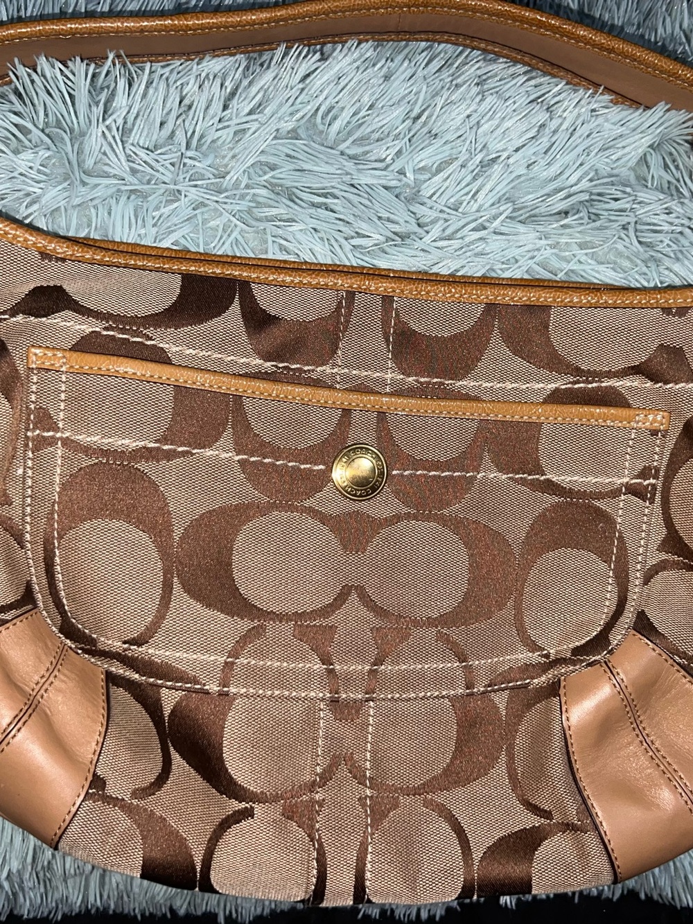 Coach Brown Signature Jacquard Shoulder Bag with Tan Leather Trim